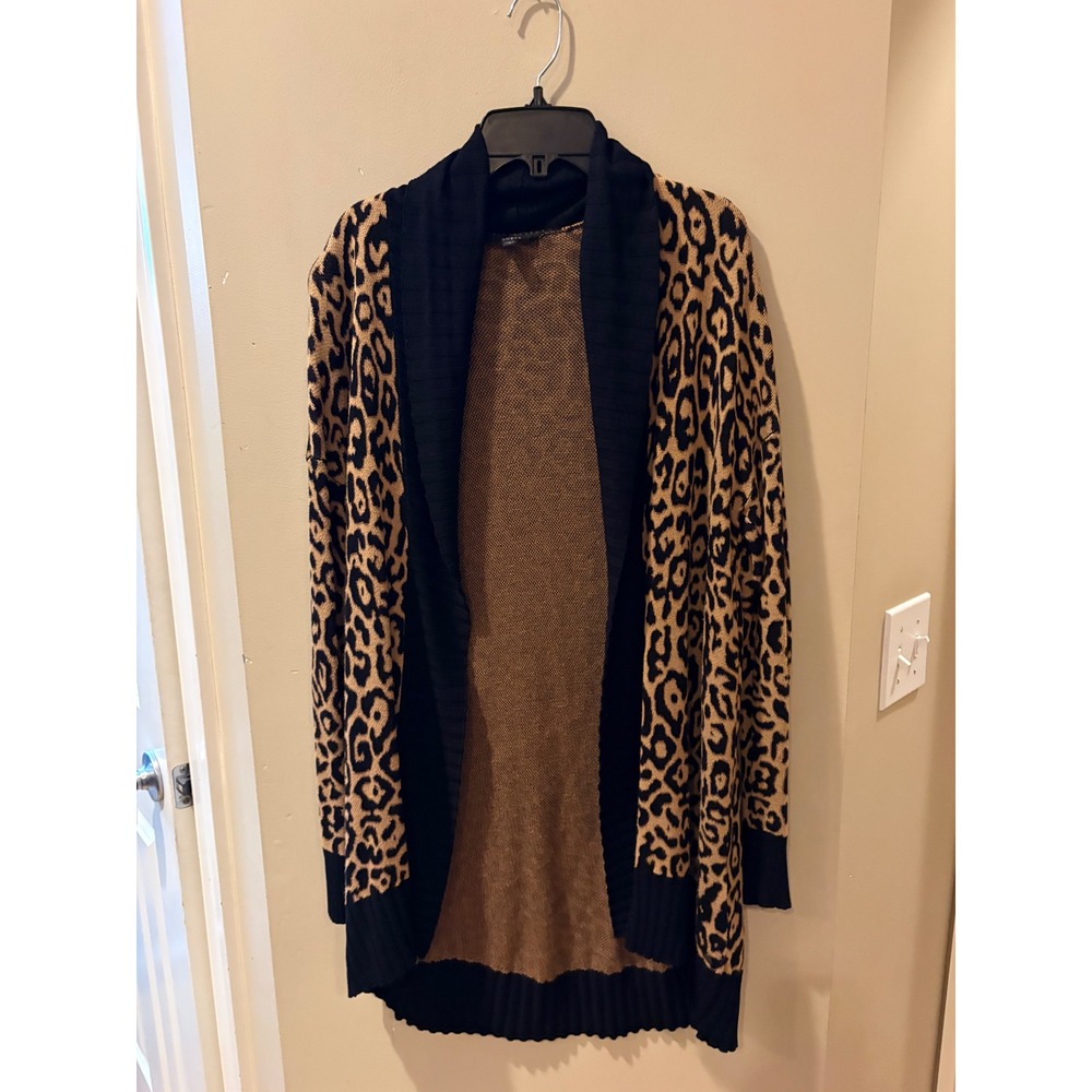 GUESS Leopard Print Open Front Longline Cardigan‎ Shawl Collar Tan Black XS
